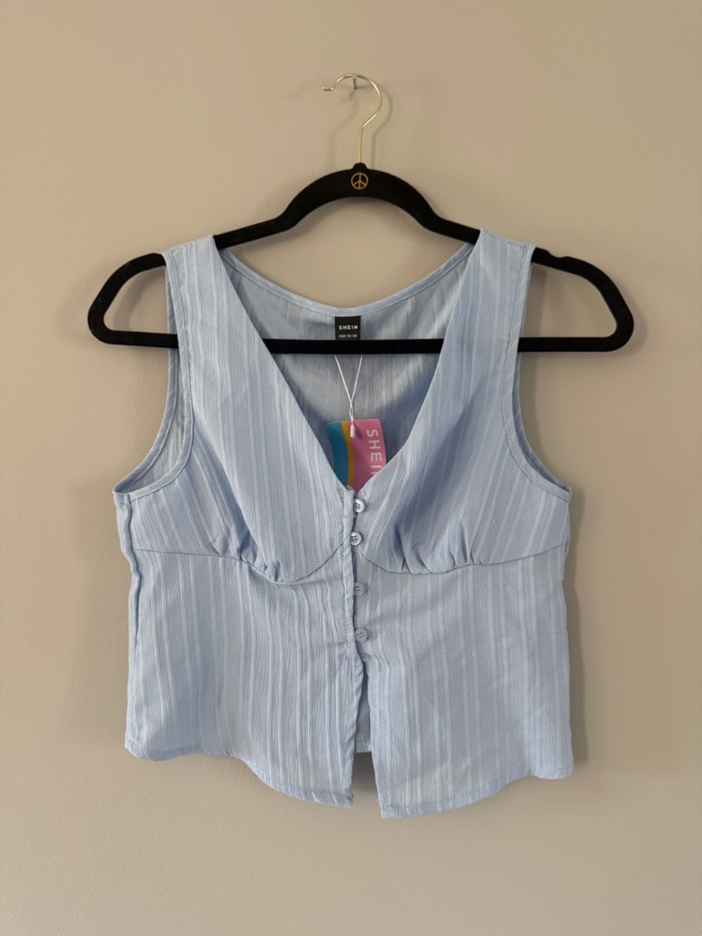 Light Blue Striped V-Neck Button Front Cami